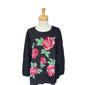 Vintage Oversized Retro Black Embroidered Flower Slouchy pullover Women&#39;s Sweater. Size 3X