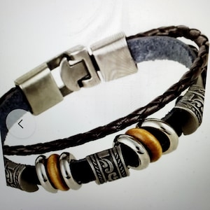 Vintage Genuine Brown Leather Costume Jewelry Gift Bead Bangle Link Bracelet