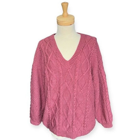 Oversized Cable Knit Pink Women's Chunky V Neck Sweater Oversized Cable Knit Pink Women's Chunky V Neck Sweater