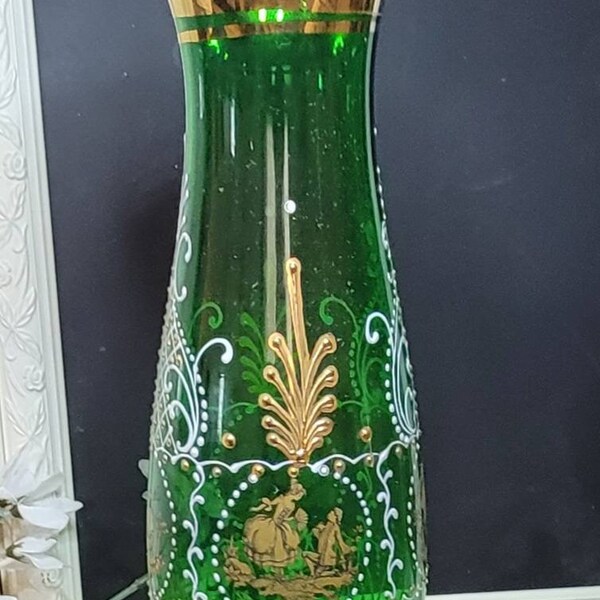 Vintage Green Bohemian Glass with White and Gold Highlighted Colonial Design made in Italy