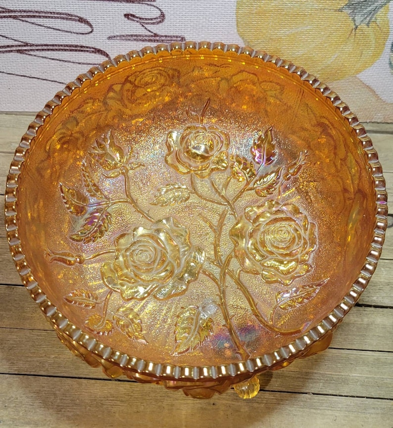 Fenton Marigold Carnival Glass Rose Pattern 3 Footed Bowl. Etsy