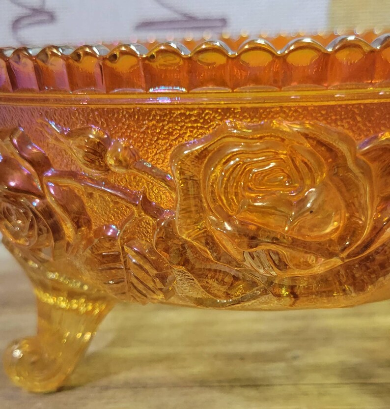 Fenton Marigold Carnival Glass Rose Pattern 3 Footed Bowl. Etsy