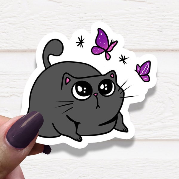 Cat and Butterflies Vinyl Sticker, Cat Stickers, Cat Themed Gifts, Gift for Cat Lover, Crazy Cat Lady, Cute Stickers, Animal Stickers