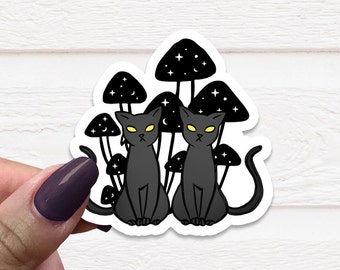 Black Cat Sticker, Mushroom Sticker, Best Friend Gift, Laptop Decal, Car Sticker, Die Cut Label, Bright Decal, Bumper Sticker, Cute Stickers