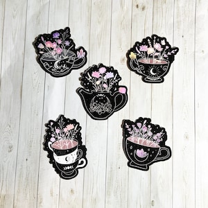 Tea Cup Sticker Pack, Cottagecore Sticker Pack, Floral Sticker Set, Black and White Sticker Flakes, Flower Stickers, Cute Stickers