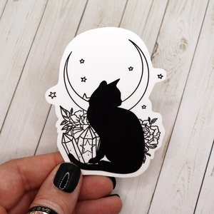 Black and White Cat and Moon Vinyl Sticker, Black and White Sticker, Cat Sticker, Moon Sticker, Witchy Stickers, Witchcore Stickers