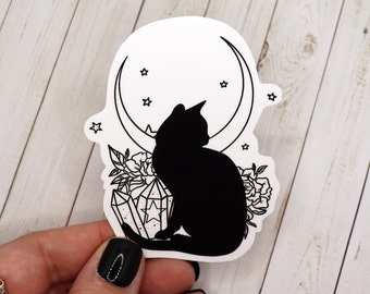 Black and White Cat and Moon Vinyl Sticker, Black and White Sticker, Cat Sticker, Moon Sticker, Witchy Stickers, Witchcore Stickers