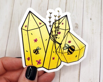 Yellow Bee Crystal Sticker, Yellow Crystal Sticker, Yellow Sticker, Bee Sticker, Witchy Vibes Sticker, Crystal Cluster Stickers