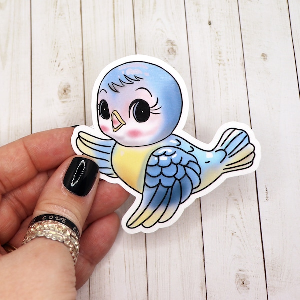 Blue Bird Retro Stickers, Blue Bird Stickers, Retro Stickers, Blue Bird Kitsch Stickers, Illustrated Vintage Style Vinyl Bird Sticker