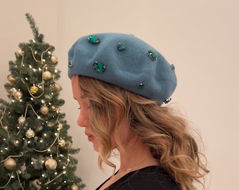 Embellished Jeweled Vegan Wool French Style domed Beret Cap hat