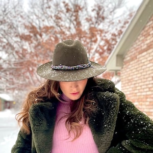 Green embellished tornasol beaded wide brim 100% wool Fedora Felt Hat for woman