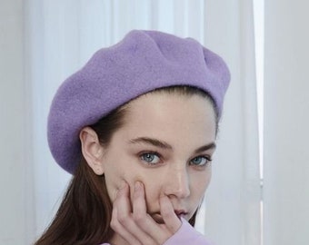 Vintage Deep Purple Wool Felt Beret Hat Parisian Style Slouchy Winter Accessory Purple Beret, 100% Wool, French Beret, Dark Purple, Winter  main image 2