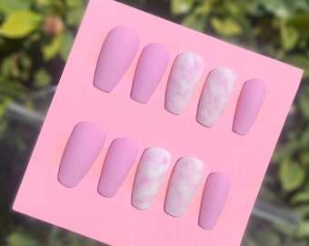 Pink Marble Press On Nails, Pastel Pink Glue on Nails, Matte Fake Nail Set, Coffin Stick On Nails, Luxury False Nails, Summer Press On Nails