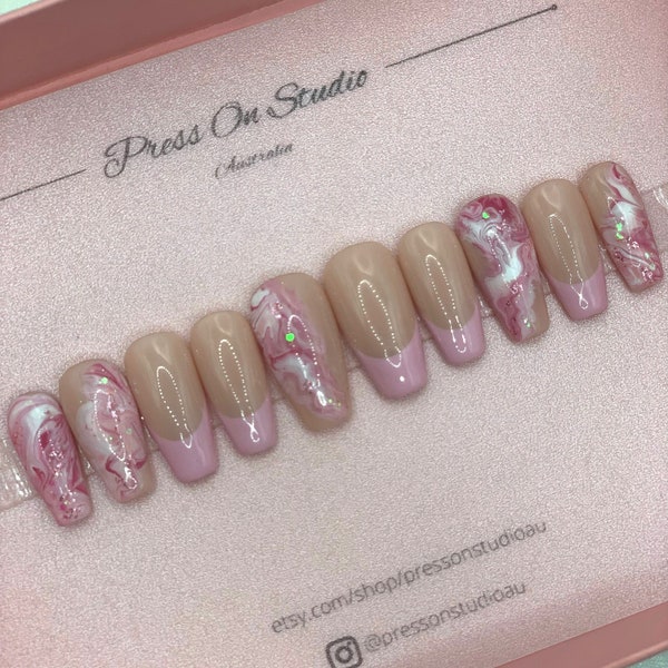 French Tip Marble Press On Nails, Pink Glue On Nails, Glitter Stick On Nails, Pink Fake Nail Set, Classic Reusable Nails, Elegant Nails