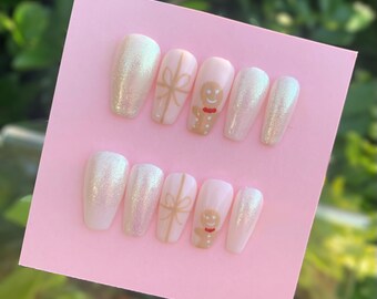 White Christmas Press On Nails, Holiday Glue on Nails, Gingerbread Fake Nail Set, Secret Santa Stick On Nails, Reindeer Nails Gift for her