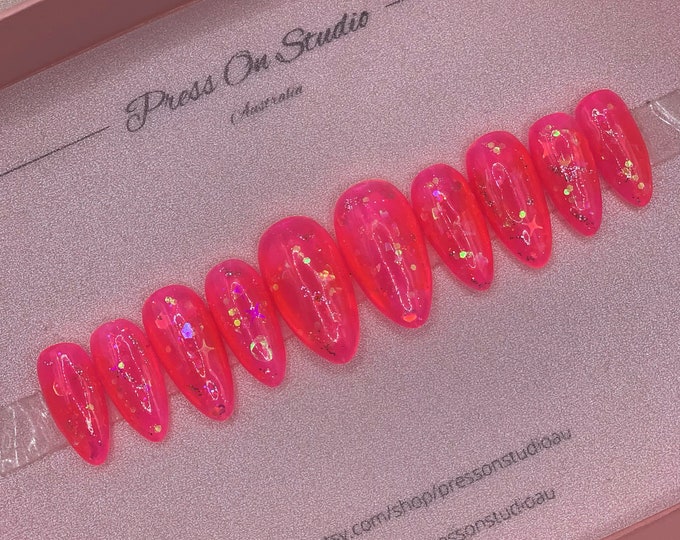 Jelly Pink Press on Nails, Glitter Glue on Nails, Hot Pink Fake Nail