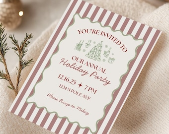 Plantilla de invitación para fiesta navideña: Diseño navideño a rayas para imprimir