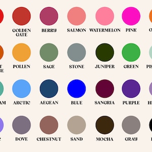 May include: A color palette featuring 30 different colors, each displayed as a solid circle with the color name below. Colors include red, orange, blue, green, purple, and more. The text is in a serif font.