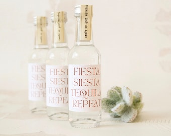 May include: Three clear glass bottles with white labels that read "FIESTA SIESTA TEQUILA REPEAT". The bottles are on a white surface with a small green plant in the foreground.
