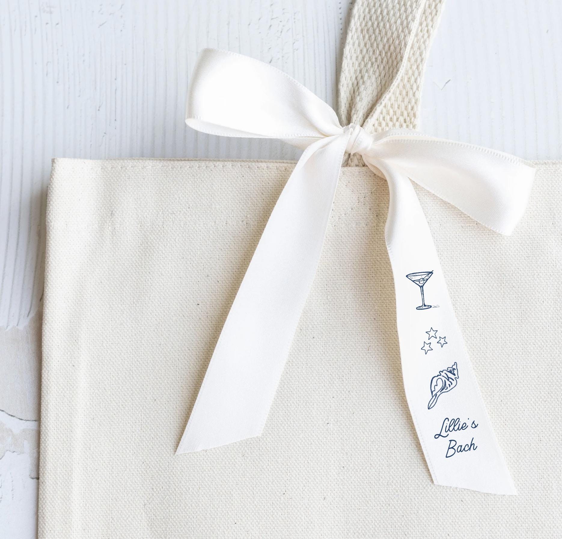 Coastal Tote Name Tag - Bow Name Tote - Custom Name Tag Tote - Coastal Bach - Wedding Name Card  - Ribbon Name Tag - Bachelorette Ribbons