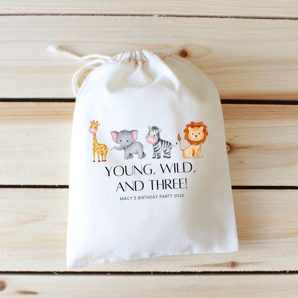 Young Wild And Three - Kids Birthday Favor Bags - Kids Birthday Party Favors - Three Year Old Birthday - Kids Party Favors - Safari Birthday