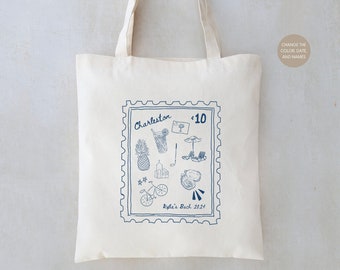 Charleston Stamp Tote - Charleston Bachelorette Totes - Club Bachelorette Charleston - Coastal Bachelorette Totes - Charleston Party Favors