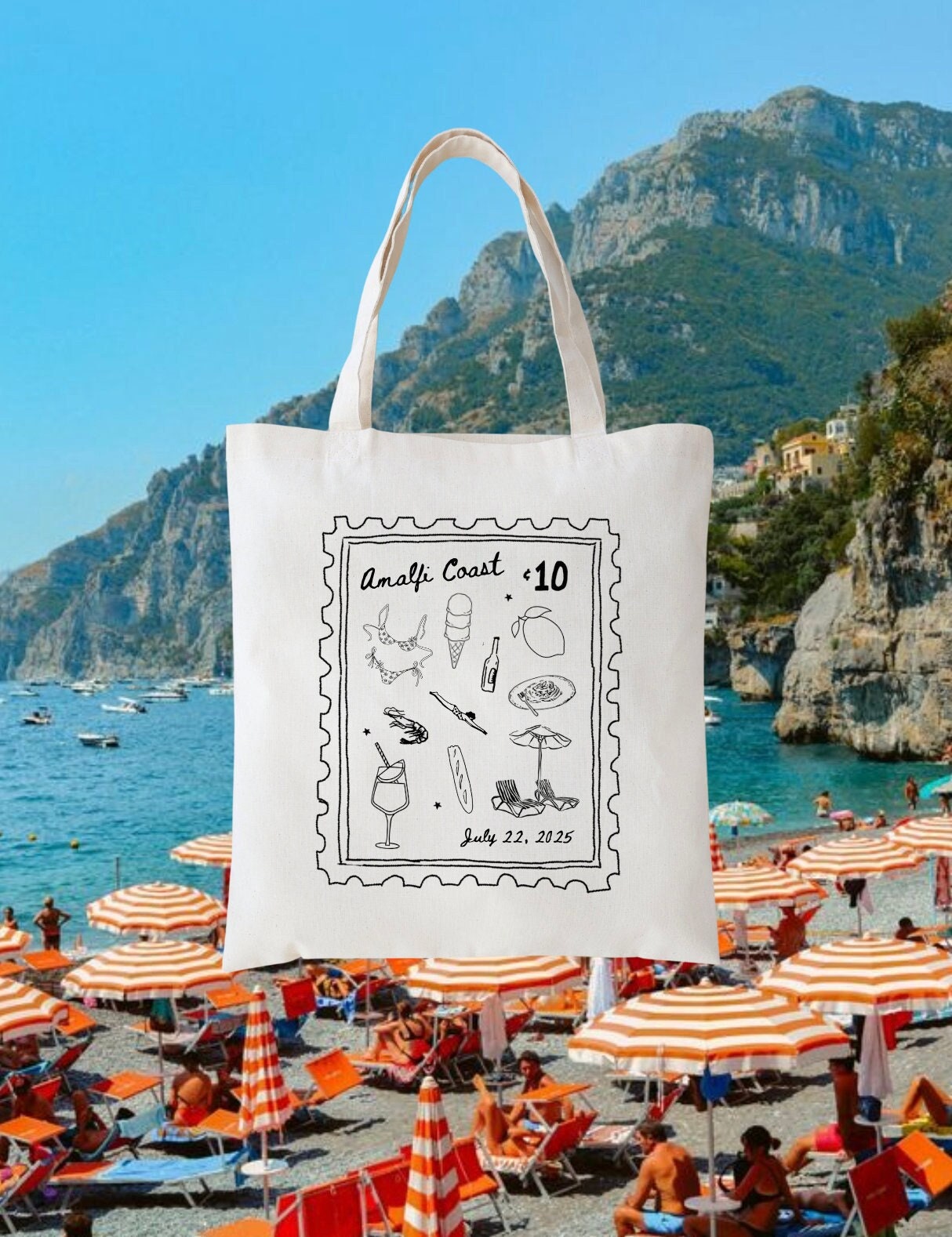 Amalfi Coast Stamp Tote - Italy Welcome Bag - Amalfi Wedding Favor - Custom Italy Totes - Wedding Guest Favors - Welcome Bags
