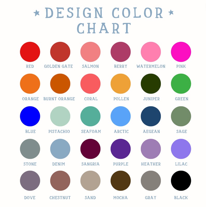 May include: A colour chart featuring 24 different colours, each with a name underneath. The colours are arranged in a grid of 6 columns and 4 rows. The colours include red, orange, yellow, green, blue, purple, brown, grey, and black.