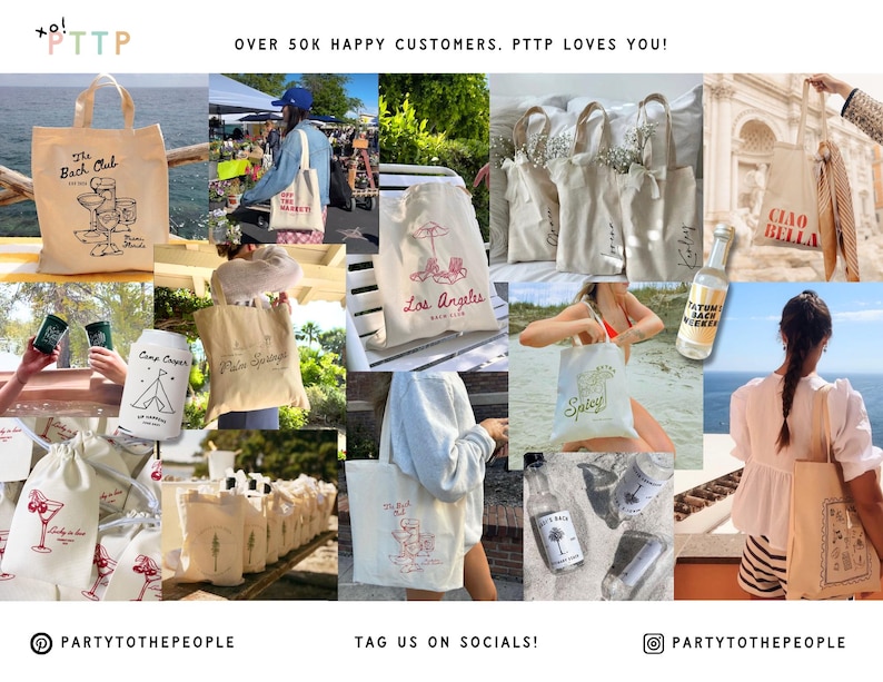 May include: A collection of colorful tote bags with various designs, including a beach scene, a camping scene, a city scene, and a floral design. The bags are made of canvas and have a natural fabric texture. The text "Party to the People" is displayed at the bottom of the image.