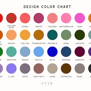Puede incluir: Una carta de colores con 36 colores diferentes, cada uno representado por un c&iacute;rculo. Los colores est&aacute;n dispuestos en cuatro filas de nueve c&iacute;rculos cada una. Los colores incluyen rojo, naranja, amarillo, verde, azul, morado, marr&oacute;n, gris y negro. La carta est&aacute; etiquetada como "DESIGN COLOR CHART" en la parte superior y "PTTP" en la parte inferior.