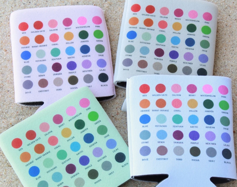 May include: Four beverage insulators with color swatches printed on them. Each insulator displays a grid of colored dots with corresponding color names. The colors range from red and orange to blue, green, and purple.