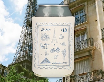 Custom Paris Bachelorette Party Can Cooler: Paris Stamp Favors