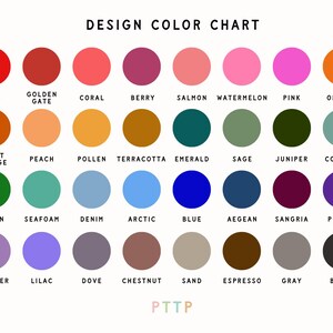 Pu&ograve; includere: Una cartella colori con 36 diversi campioni di colore, ognuno con un nome sottostante. I colori sono disposti in righe e colonne, e i nomi sono in testo nero. La cartella &egrave; intitolata "DESIGN COLOR CHART" e ha le lettere "PTTP" in basso.