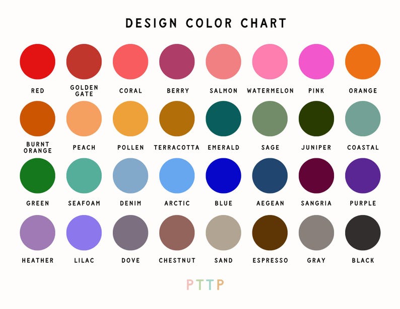 Pu&ograve; includere: Una cartella colori con 36 diversi campioni di colore, ognuno con un nome sottostante. I colori sono disposti in righe e colonne, e i nomi sono in testo nero. La cartella &egrave; intitolata "DESIGN COLOR CHART" e ha le lettere "PTTP" in basso.