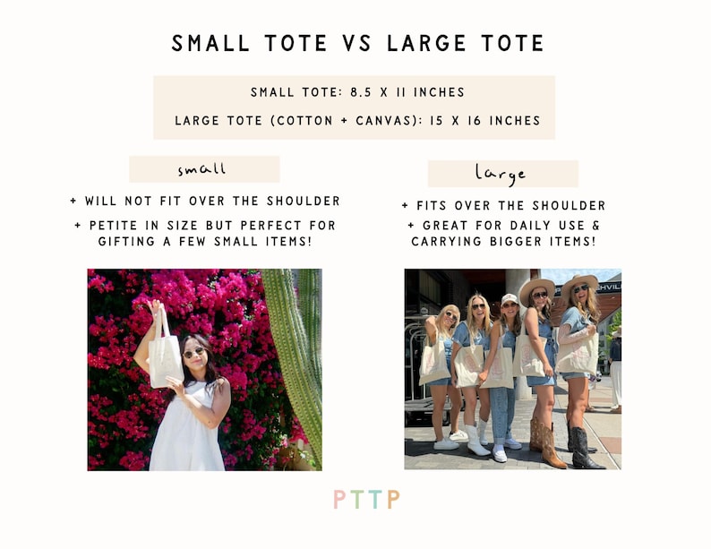 May include: Two tote bags, one small and one large, with text describing their size and material. The small tote is 8.5 x 11 inches and the large tote is 15 x 16 inches. The large tote is made of cotton canvas. The small tote is shown in front of a pink flower bush and the large tote is shown being held by a group of people.