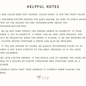 Pu&ograve; includere: Note utili per i clienti riguardanti il colore della borsa, la personalizzazione, le prove, le dimensioni, gli ordini personalizzati e la verifica dell'indirizzo. Il testo include la frase "xo! PTTP".