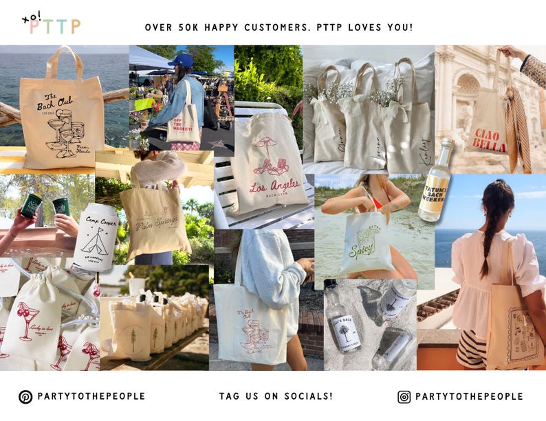 Pu&ograve; includere: Una collezione di borse tote colorate con vari design, tra cui una scena di spiaggia, una scena di campeggio, una scena di citt&agrave; e un design floreale. Le borse sono realizzate in tela e hanno una texture di tessuto naturale. Il testo "Party to the People" &egrave; visualizzato nella parte inferiore dell'immagine.