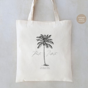 Bolsas de mano personalizadas de bienvenida para bodas con diseño de palmeras