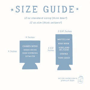 May include: Size guide for 12 oz standard and slim can coolers. The guide shows the dimensions of the coolers in inches and lists popular brands such as White Claw, High Noon, Kirkland Seltzers, Corona, and Topo Chico. All can coolers are made with premium foam.