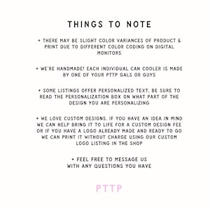 May include: A white background with black text detailing product information. The text includes notes on colour variations, handmade items, personalised text options, custom design services, and contact details. The seller's initials, PTTP, are at the bottom.