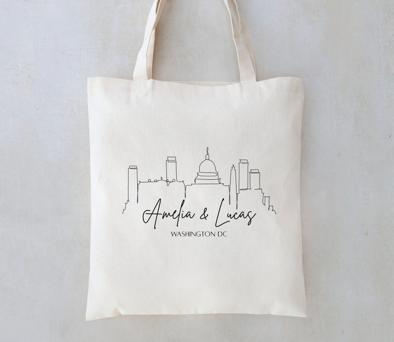 Washington DC Skyline Tote Washington DC Wedding Guest Favor Washington DC Welcome Tote State Outline Tote Wedding Welcome Tote Bag image 1