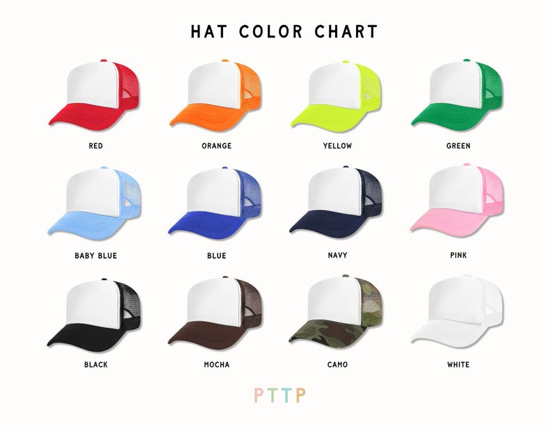 May include: A color chart displaying trucker hats in various colors, including red, orange, yellow, green, baby blue, blue, navy, pink, black, mocha, camo, and white. Each hat has a white front panel and a mesh back.