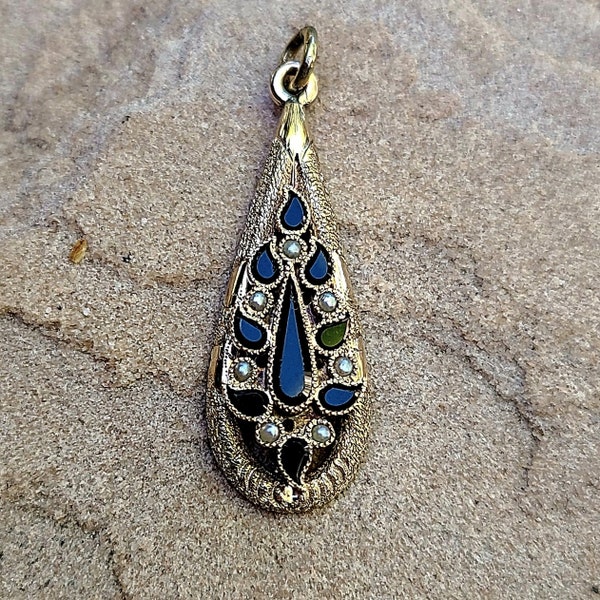 Antique Gold Filled Onyx & Seed Pearl Lavalier Pendant, Vintage Onyx Seed Pearl Pendant, Gold Antique Teardrop Pendant Circa 1960s