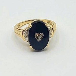 14k Yellow Gold Art Deco Multi Diamonds Heart Black Onyx Vintage Ring, Vintage Onyx Diamond Ring, Diamond Heart Ring