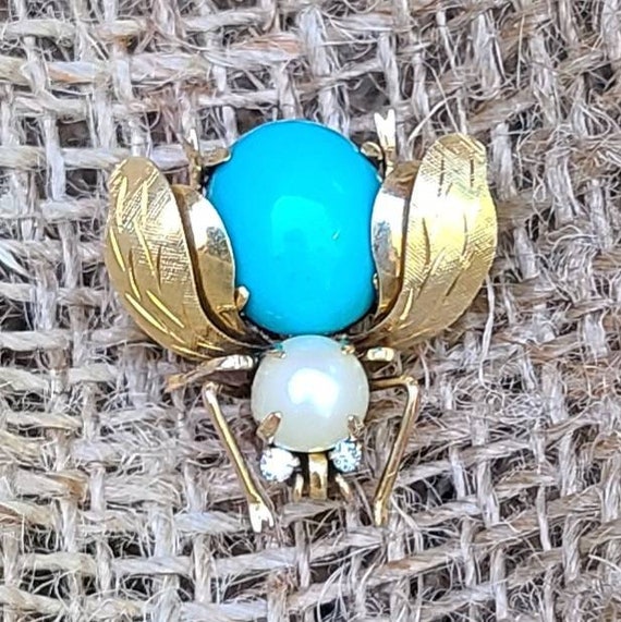 14k Yellow Gold Freshwater Pearl Turquoise Diamon… - image 4