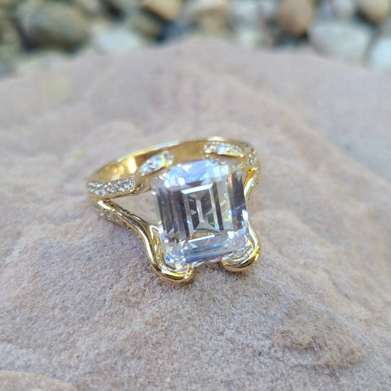 14k Yellow Gold Simulated CZ Emerald Cut Diamond … - image 4