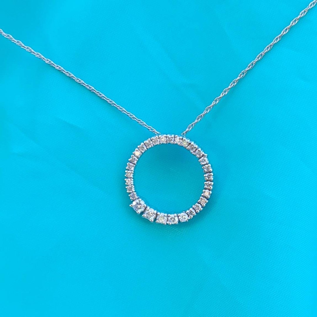 14k Gold Diamond Open Circle Pendant Necklace, Cascading Diamond