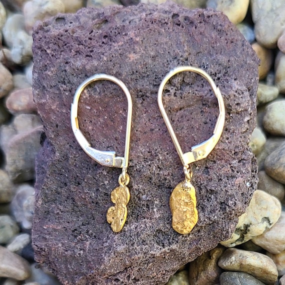 Natural Raw Gold Nugget 14k Lever Back Dangle Earrings, Natural Gold Nugget Jewelry