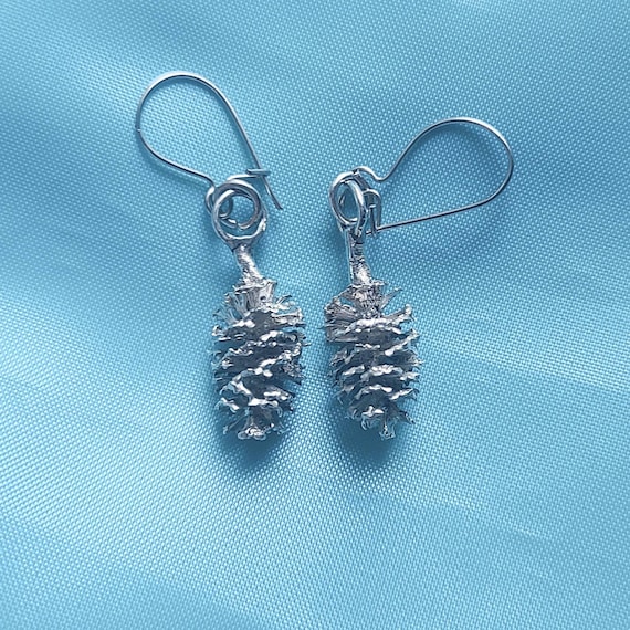 Vintage Sterling Silver Pine Cone Drop Earrings, Pine Cone Jewelry, Silver Pine Cones
