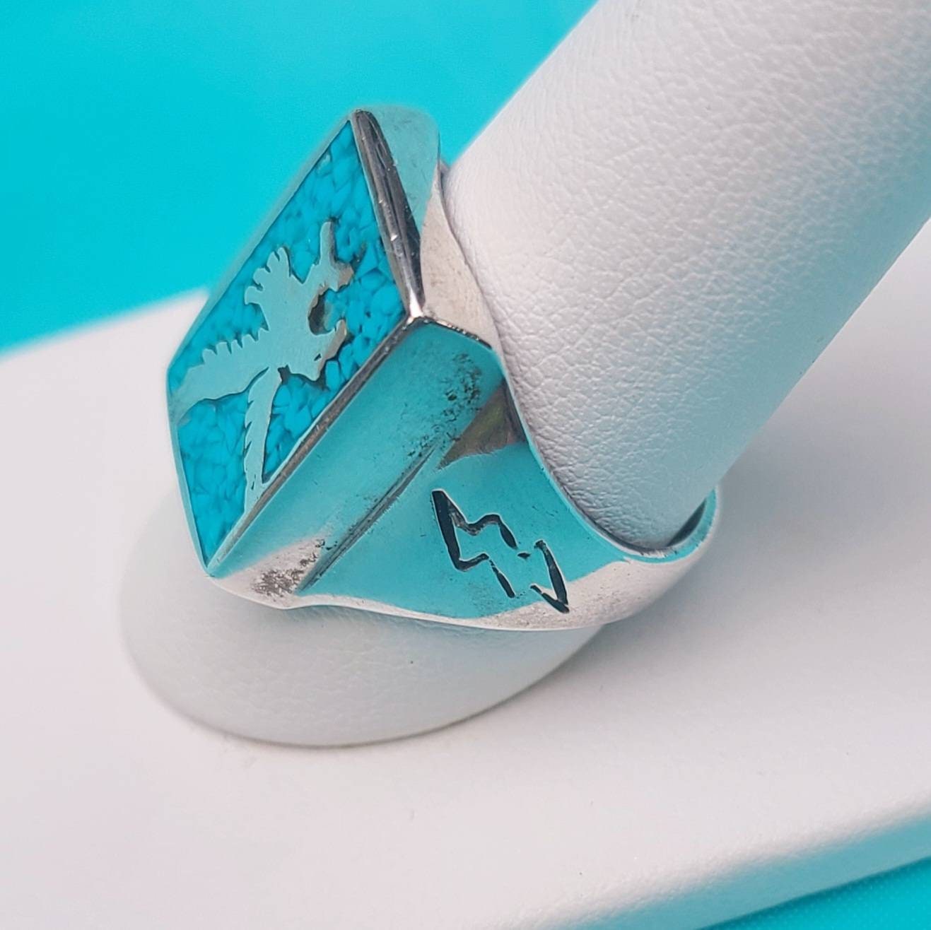 Turquoise Inlay Eagle Native American Turquoise Eagle Inlay Sterling Silver Ring, Carolyn ...